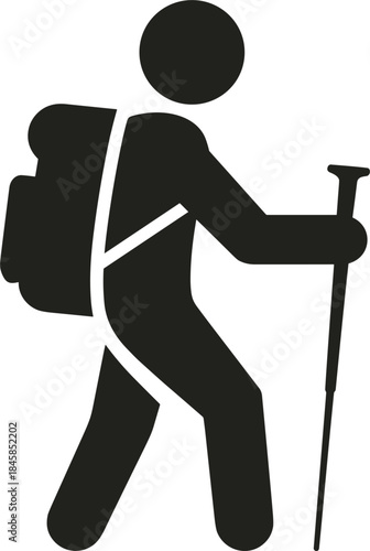 Hiker with backpack and trekking poles icon on white background Keywords: hiker, trekking, hiking, backpack, poles, walking