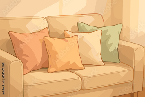Cozy Pastel Sofa. Soft pastel throw pillows arranged on a cozy sofa, warm natural vector illustration lighting, clean and inviting