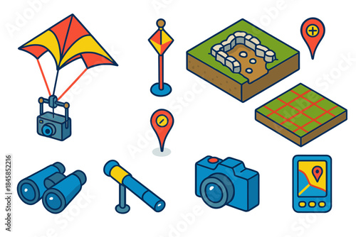 Kite Photography Tools. Isometric vector illustration set Kite aerial photography: kite carrying camera rig, archaeological