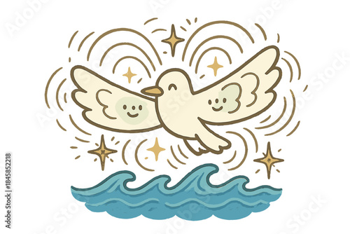 Whimsical Migratory Bird. Whimsical doodle migratory bird with smiling wings, cartoon magnetic field lines swirling around, tiny