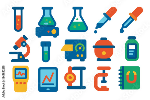 Magnetochemistry Lab Icons. Flat vector icons of laboratory tools in magnetochemistry: test tube, magnetic stirrer, lab flask,
