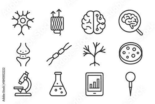 Cognitive Science Icons. Line style icons of Cognitive Science: Neuron, Light-Sensitive Protein, Brain Circuit, Research; Synapse,