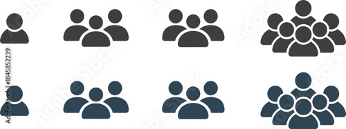 Icons illustrating group sizes from single person to a crowd in two color palettes Keywords: group icon, people icon, crowd icon