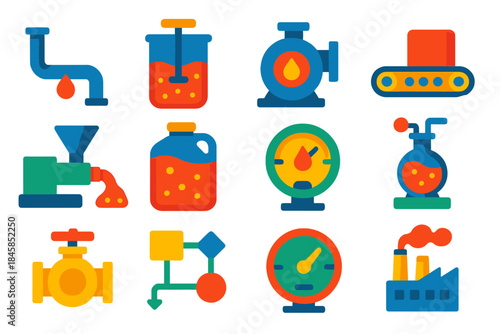 Industrial Fluid Icons. Flat vector icons of industrial applications of non-Newtonian fluids: pipeline, mixing tank, pump,