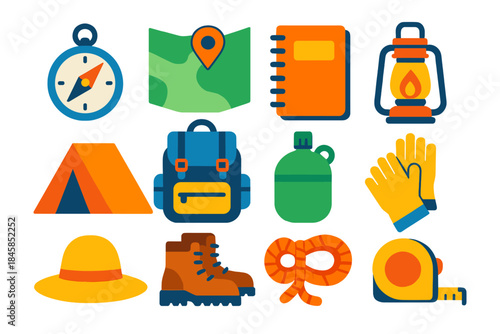 Fieldwork Essentials Icons. Flat vector icons of Fieldwork Essentials: compass, map, field notebook, lantern, backpack, water