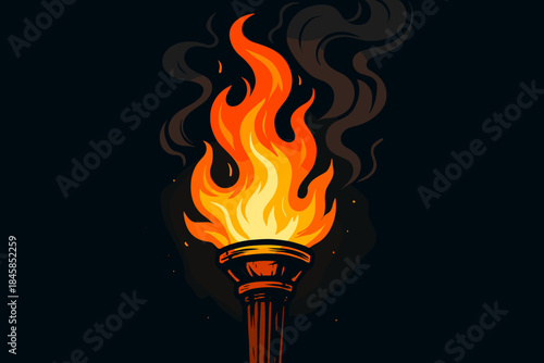 Glowing Torch Adventure. Dynamic fire torch glowing against a dark background with trails of smoke swirling upward, dramatic and