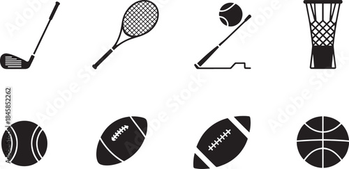 Vector Sports Icon Set - Golf, Tennis, Football, Basketball, and More | Black & White Sports Equipment Illustrations