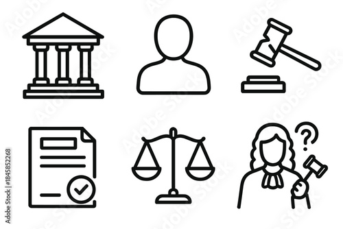 Jury Nullification Icons. Line style icons of Jury Nullification: courthouse, juror silhouette, broken gavel, empty balance scales