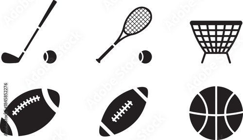 Vector Sports Icon Set - Golf, Tennis, Football, Basketball, and More | Black & White Sports Equipment Illustrations