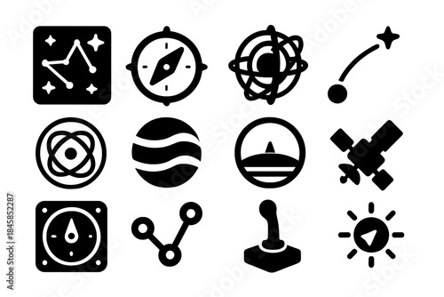 Space Navigation Icons. Solid style icons of Space navigation: star chart, compass, gyroscope, trajectory line, orbital map,