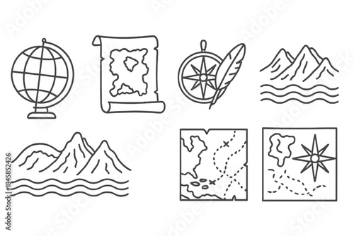 Historical Cartography Icons. Line style icons of Historical Cartography: antique globe, parchment scroll map, compass with