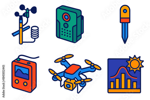 Ecosystem Monitoring Tools. Isometric vector illustration set Ecosystem Monitoring: weather station pole, camera trap, soil