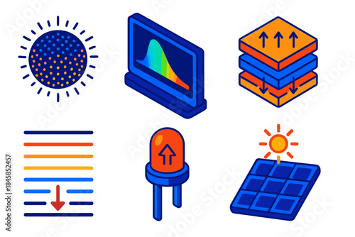 Quantum Dots Illustration. Isometric vector illustration set Quantum Dots: glowing nanocrystal, emission spectrum chart,