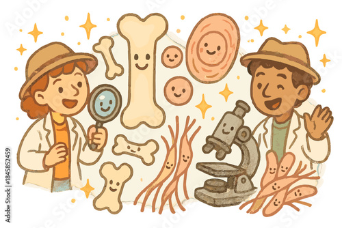 Cheerful Paleontologists' Discovery. Magical doodle soft tissue investigation with cheerful paleontologists, cartoon bones and