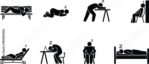 Stick Figure Sleep Poses Showing Different Sleeping Positions and Locations rest