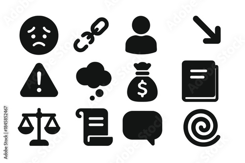 Social Stigma Icons. Solid style icons of social stigma and financial hardship: sad face, broken chain, human silhouette, arrow,