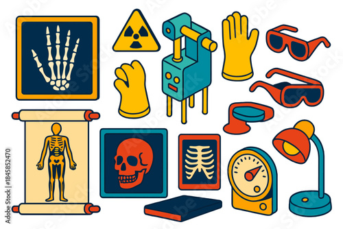 Vintage Radiology Icons. Isometric vector illustration set Vintage Radiology: X-ray skeletal hand, framed plate, diagnostic
