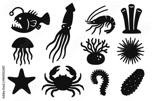Deep Sea Creatures. Solid style icons of Deep sea fauna: abyssal fish, giant squid, shrimp cluster, tube worm, jellyfish,