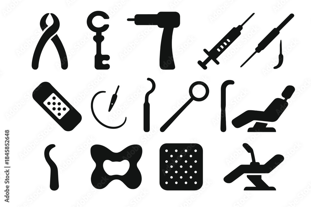 Fototapeta premium Dental Surgery Tools. Solid style icons of Dental Surgery: Forceps, Tooth Key, Drill, Syringe, Bandage, Needle, Hook, Mouth Mirror
