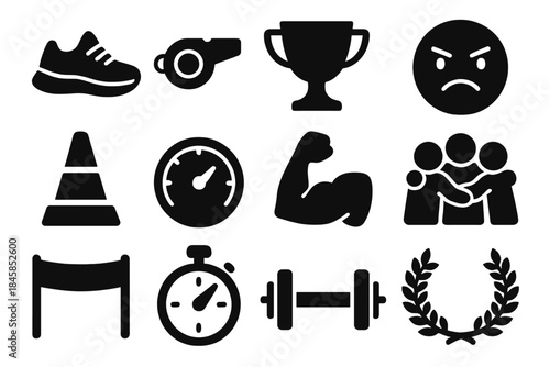 Athlete Mindset Icons. Solid style icons of athlete mindset: running shoe, whistle, trophy cup, determination face, training cone,