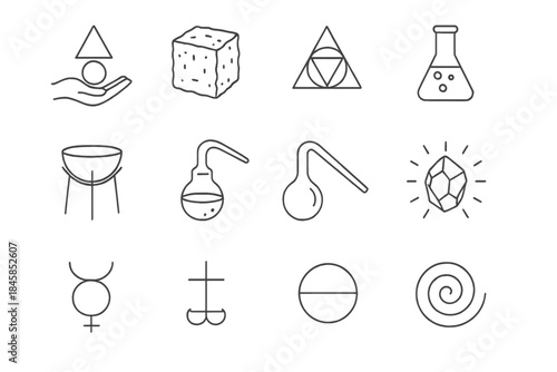 Alchemical Experiment Icons. Line style icons of Alchemical Experiment: Transmutation, Prima Materia, Alchemical Symbol, Flask;