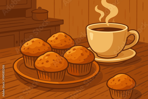 Cozy Breakfast Setting. Rustic kitchen table with freshly vector illustration baked muffins and a steaming coffee cup, soft warm
