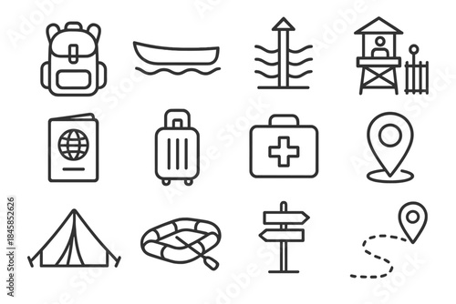 Displacement Journey Icons. Line style icons of Displacement Journey: Backpack, Boat, Flood Marker, Checkpoint; Passport, Travel
