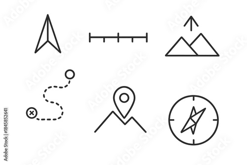 Navigation Icons Collection. Line style icons of Navigation and Orientation: north arrow, distance scale, marked trail, elevation
