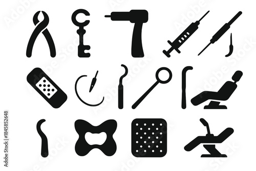 Dental Surgery Tools. Solid style icons of Dental Surgery: Forceps, Tooth Key, Drill, Syringe, Bandage, Needle, Hook, Mouth Mirror