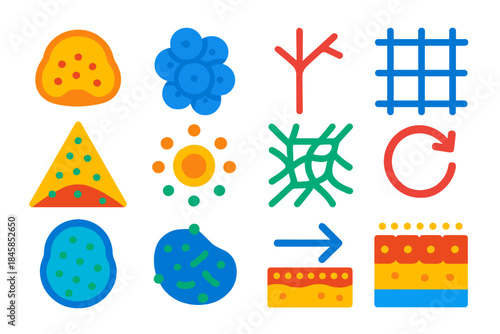 Tissue Development Icons. Flat vector icons of tissue development and mechanics: developing tissue, cell cluster, branching