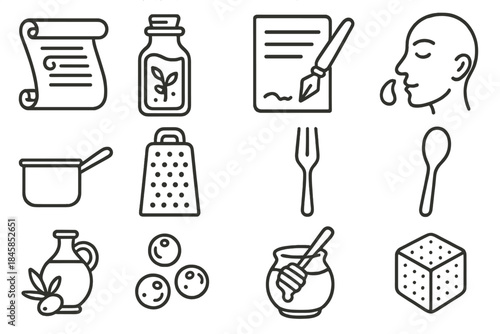 Forgotten Flavors Icons. Line style icons of Forgotten Flavors: Antique Recipe, Rare Spice, Calligraphy Notes, Evoked Taste;