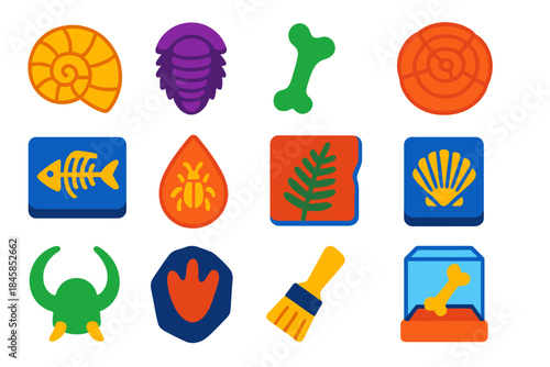 Fossil Icons Collection. Flat vector icons of Fossil Studies: ammonite, trilobite, dinosaur bone, petrified wood, fish fossil,