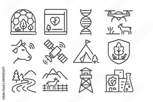 Futuristic Conservation Icons. Line style icons of futuristic conservation: habitat dome, protective barrier, genetic bank,