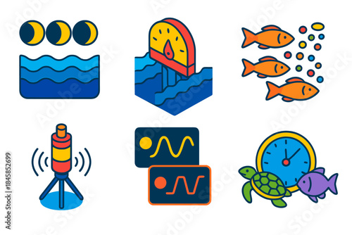 Marine Chronobiology Icons. Isometric vector illustration set Chronobiology of marine organisms: moon phases over ocean, tidal