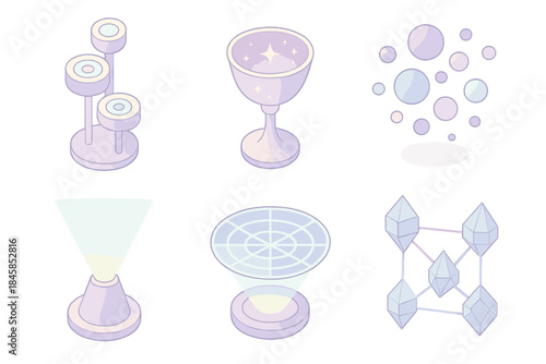 Cosmic Resonance Icons. Isometric vector illustration set Cosmic Resonance Lab: energy sensors, starlit chalice, floating particle