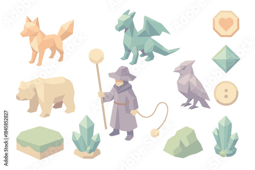 Low-Poly Creature Tamer. Isometric vector illustration set Low-Poly Creature Tamer: polygonal animal companions, trainer figure