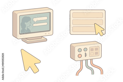 Interactive Story Console. Isometric vector illustration set Interactive Story Console: digital monitor screen, dialogue options