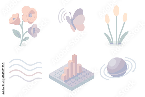 Rhythm Nexus Garden. Isometric vector illustration set Rhythm Nexus Garden: blooming sound flowers, vibrating floor grid, echo