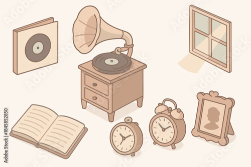 Analog Memory Corner. Isometric vector illustration set Analog Memory Corner: gramophone table, vinyl record sleeve, open journal,