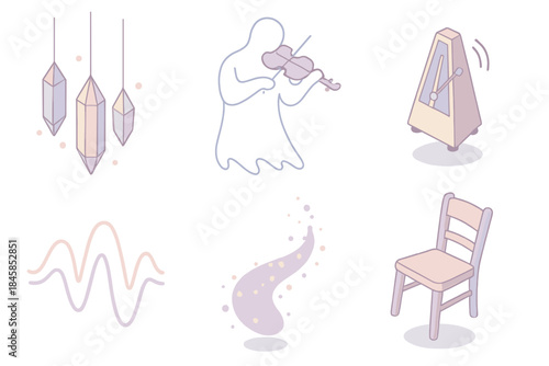 Resonance Hall Apparition. Isometric vector illustration set Resonance Hall Apparition: suspended sound crystals, ghost musician
