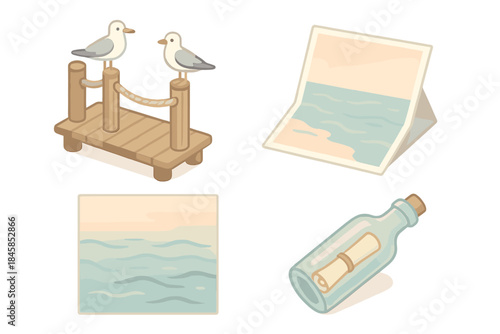 Seagulls on Wooden Pier. Isometric vector illustration set Seagull Pier Postcard: wooden pier with rope railing, perched seagulls,