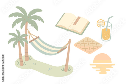 Tropical Reading Cove. Isometric vector illustration set Tropical Reading Cove: palm trees, striped hammock, open book with