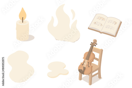Candlelit Music Tranquility. Isometric vector illustration set Candle Shadow Melody: glowing candle flame, soft dancing shadows,