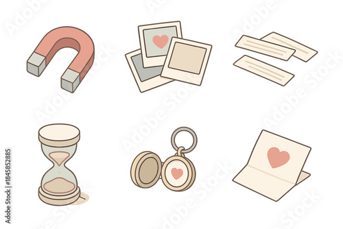 Memory Magnetism Icons. Isometric vector illustration set of Memory Magnetism: metal heart magnet, scattered photo prints, poetry