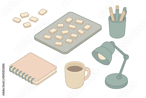 Magnetic Poetry Desk. Isometric vector illustration set of Magnetic Poetry Desk: scattered word magnets, metallic surface board,