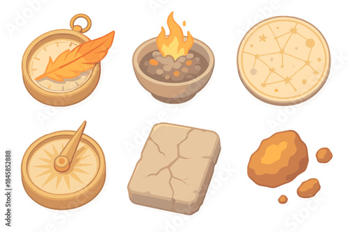 Rebirth Navigation Tools. Isometric vector illustration set of Rebirth Navigation Tools: phoenix feather compass, burning ash bowl