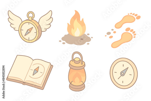 Resurrection Journey Icons. Isometric vector illustration set of Resurrection Journey: compass surrounded by wings, glowing ashes,