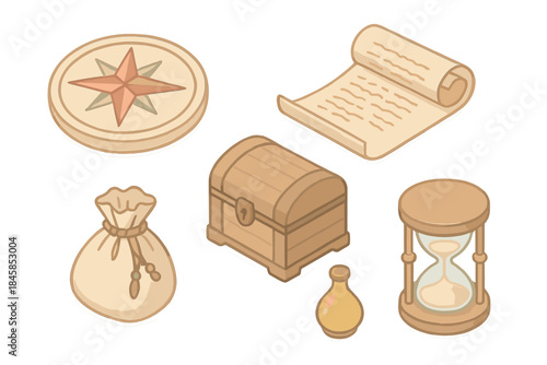Ancient Navigation Tools. Isometric vector illustration set of Ancient Route Instruments: compass rose plate, rolled spice ledger,