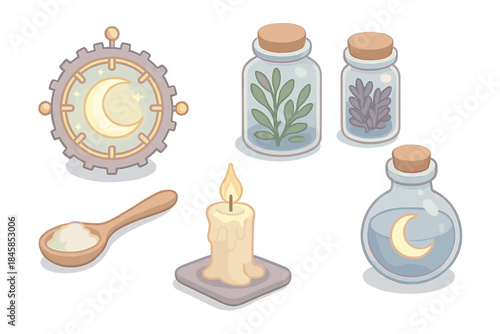 Moonlight Alchemy Tools. Isometric vector illustration set of Moonlight Alchemist Tools: glowing clockwork dial, herb-filled jars,