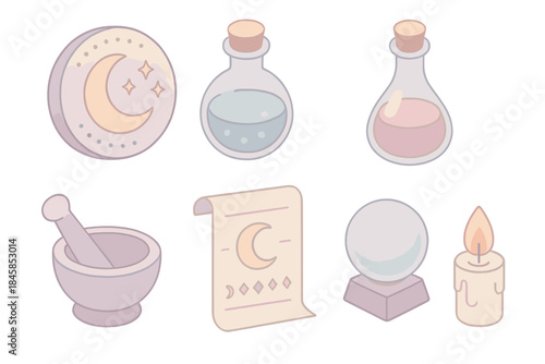 Lunar Alchemy Tools. Isometric vector illustration set of Lunar Alchemy Tools: crescent moon dial, glass potion bottles, mortar